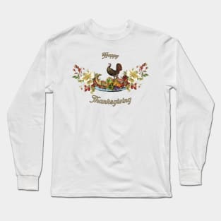 Happy Thanksgiving, with cute turkey, flowers and fruit Long Sleeve T-Shirt